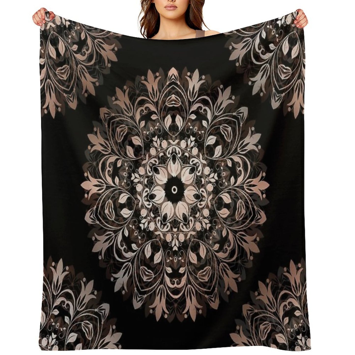 Floral Rose Gold Mandala On A Black Background Travel-friendly Throw Blanket