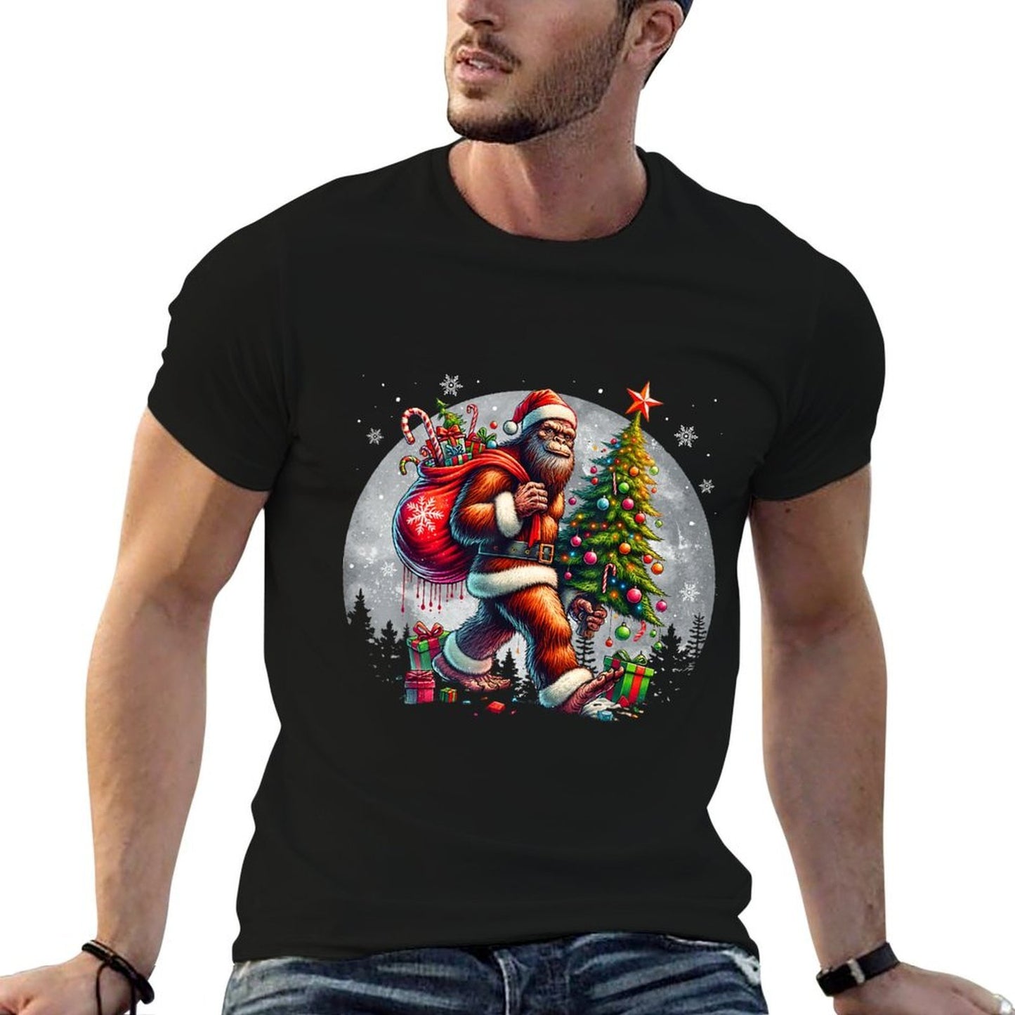 Santa Bigfoot Christmas Tree Xmas Lights Funny Sasquatch  Tagless Design T-Shirt