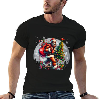 Santa Bigfoot Christmas Tree Xmas Lights Funny Sasquatch  Tagless Design T-Shirt