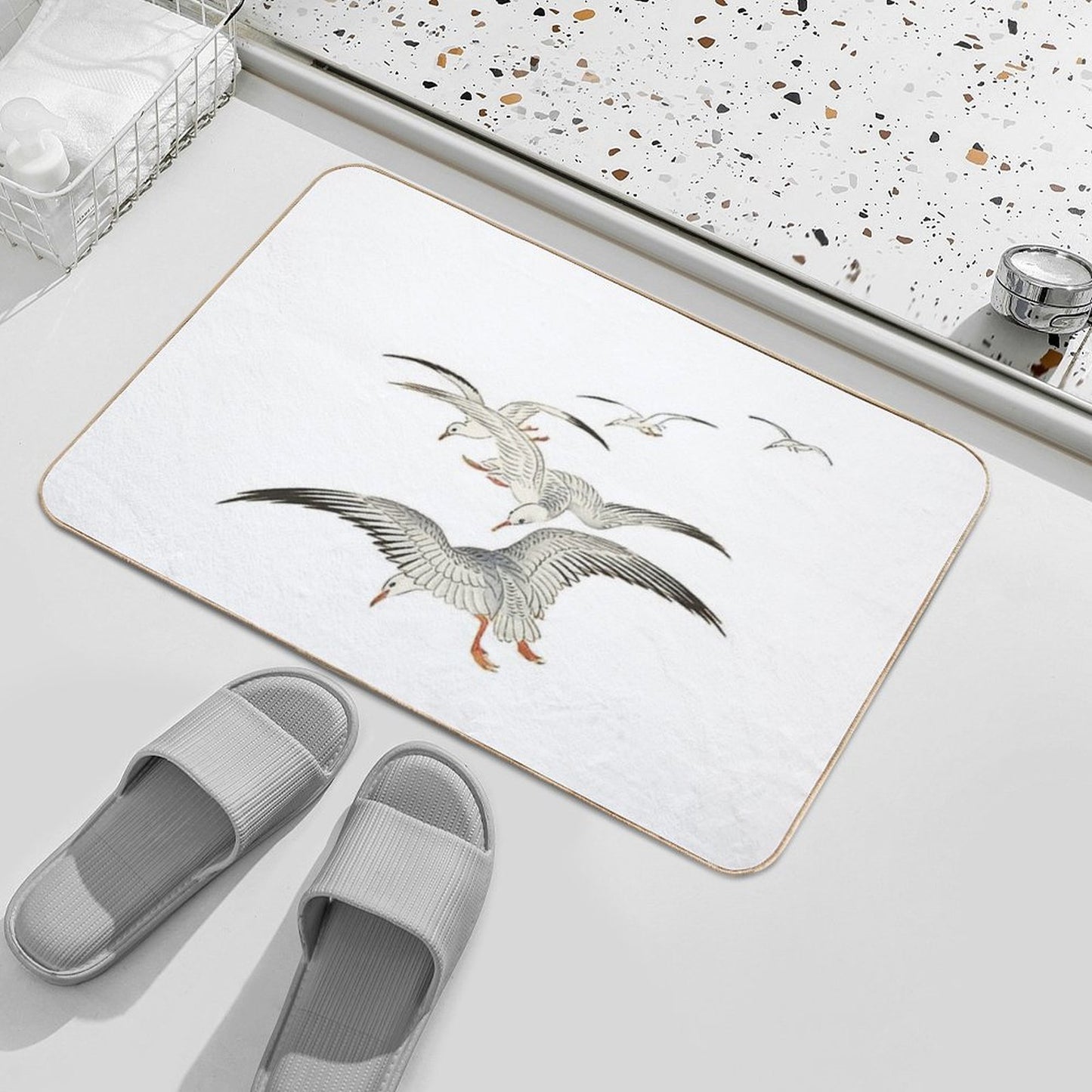 Seagull Japanese Painting  5 Seagulls Above Turbulent Sea Design  Seabird  Gull  Minimalist  Repositionable Bath Mat