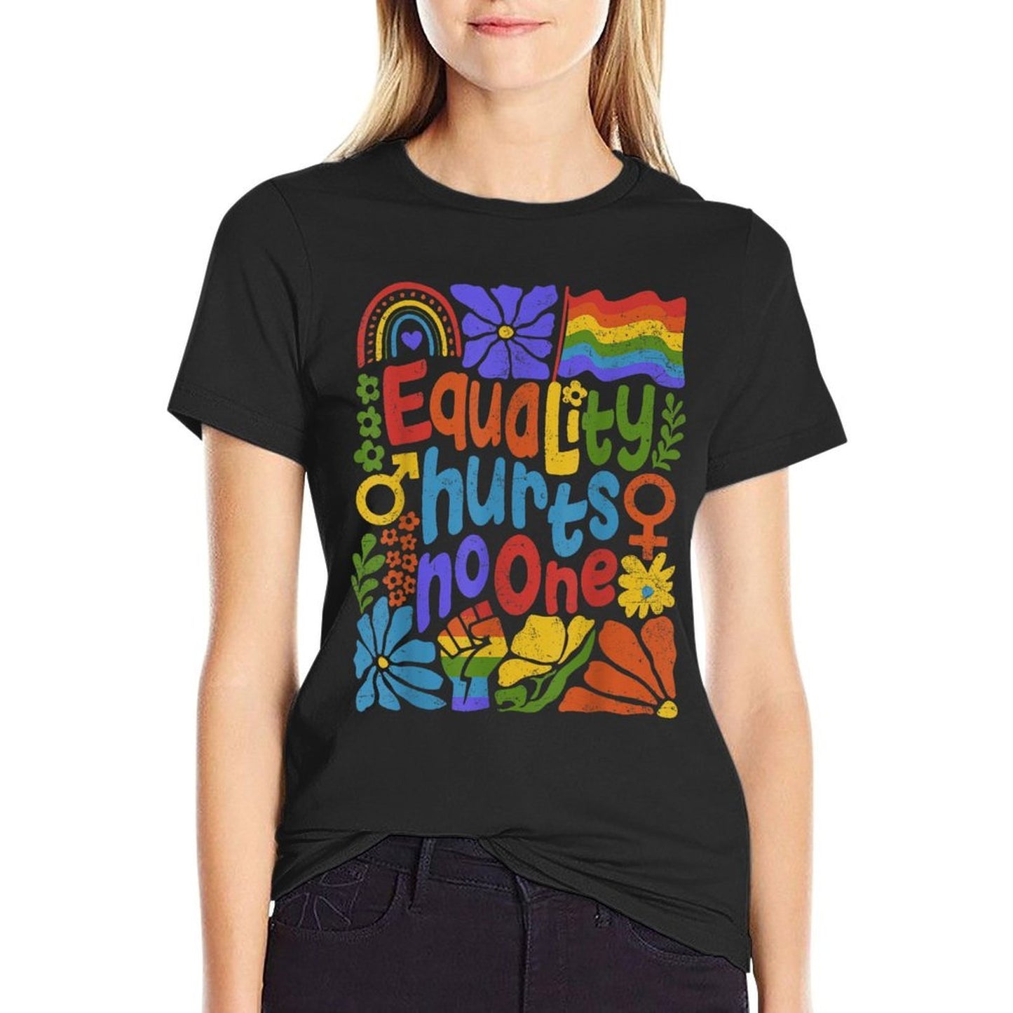 Boho Floral Equality Hurts No One Support LGBTQ Pride Month  Ribbed Collar T-Shirt