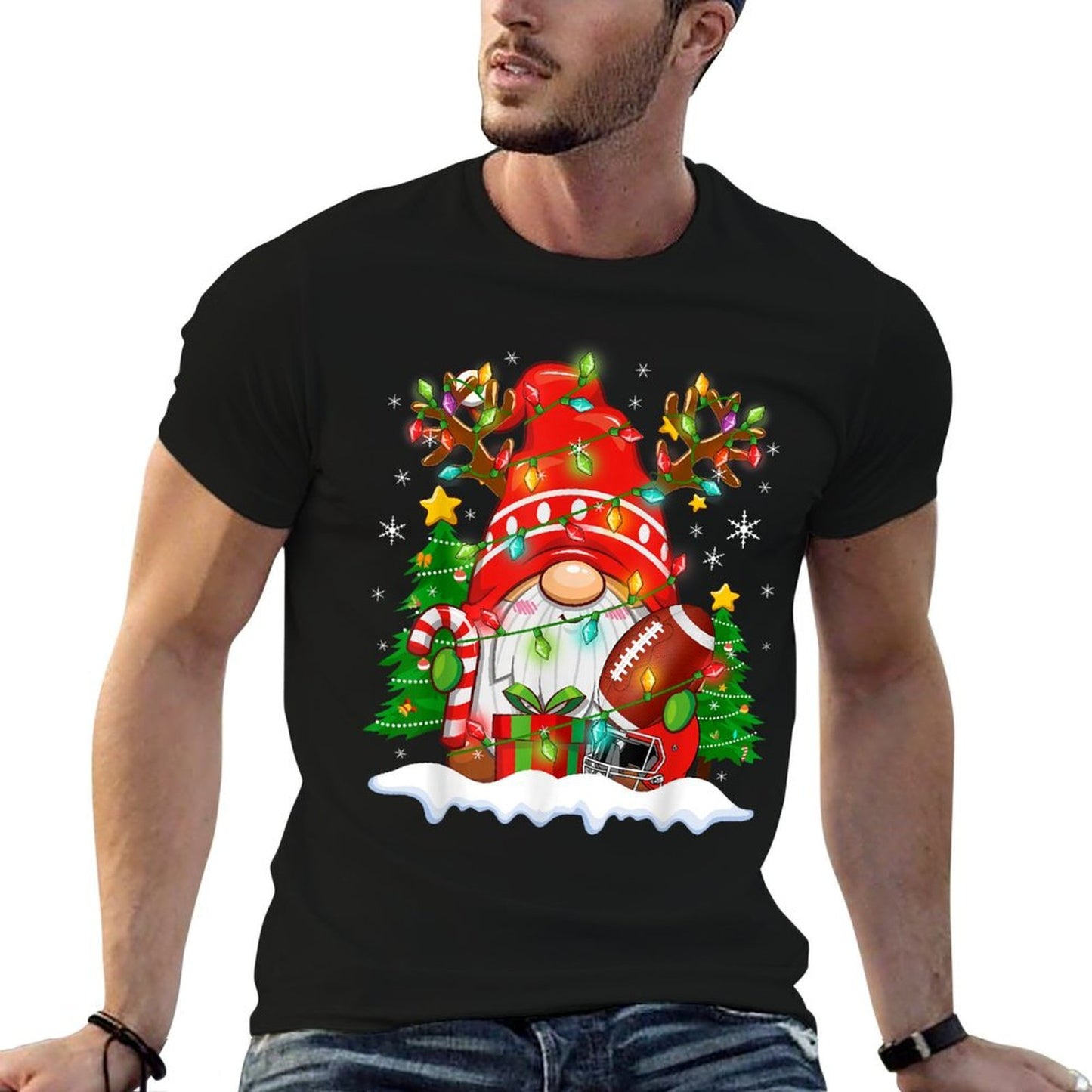 Funny Reindeer Gnome  Football Ball Christmas Lights Xmas  Trendy Pattern T-Shirt