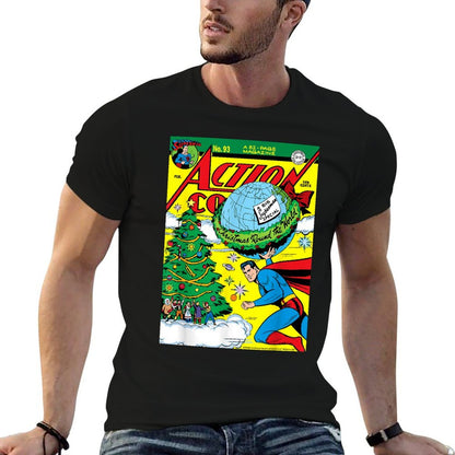 Superman Christmas Retro Action Comics 93 Cover  Ribbed Collar T-Shirt