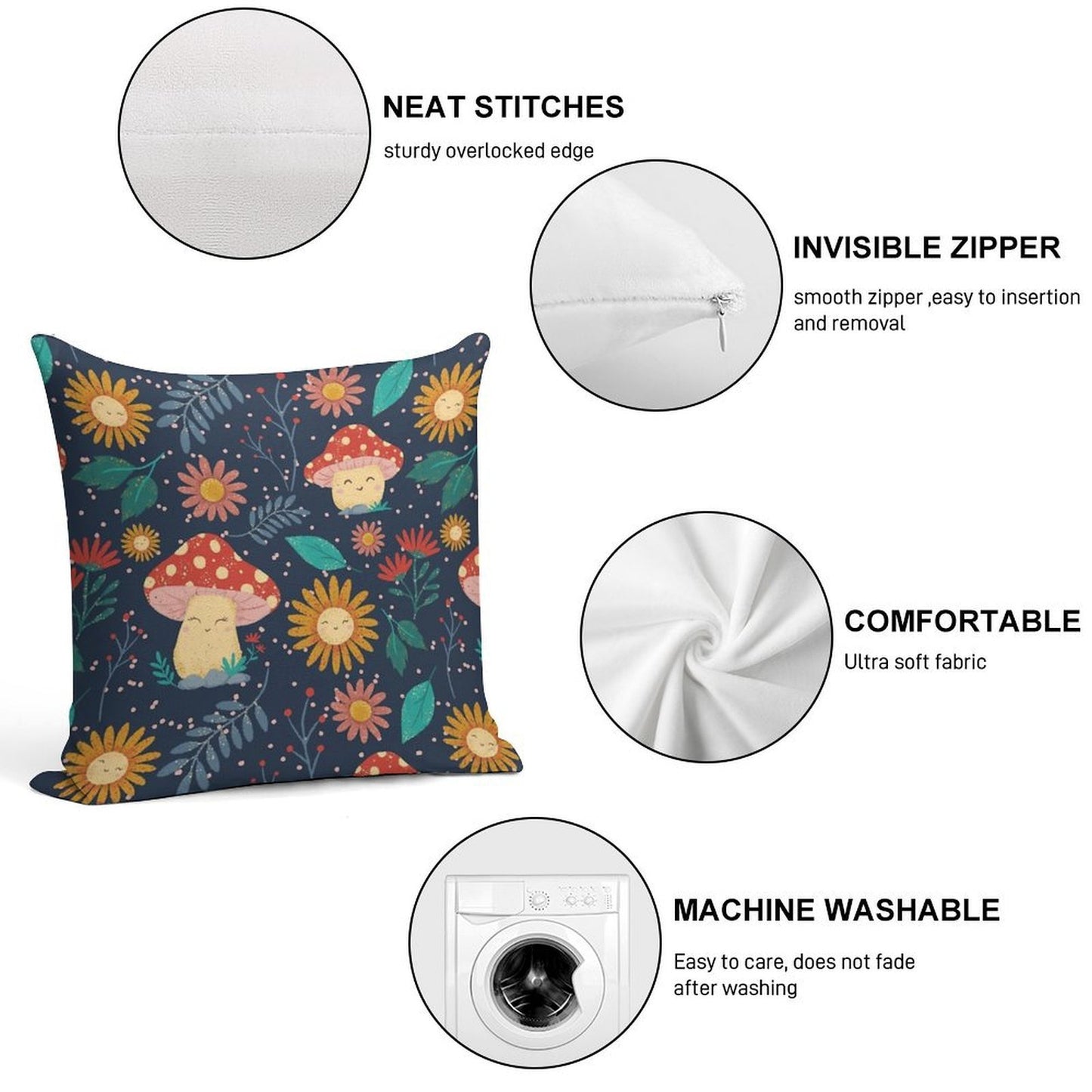 Floral Cute Mushrooms Soft Fade-Resistant Throw Pillow