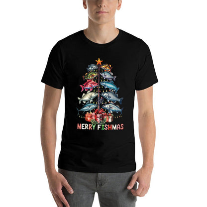Merry Fishmas Funny Christmas Tree Lights Fishing Rod Fish  Durable T-Shirt