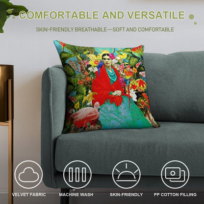 Frida Kahlo with Mexican Animals, Plants, Birds Soft Warmth Comfort Throw Pillow