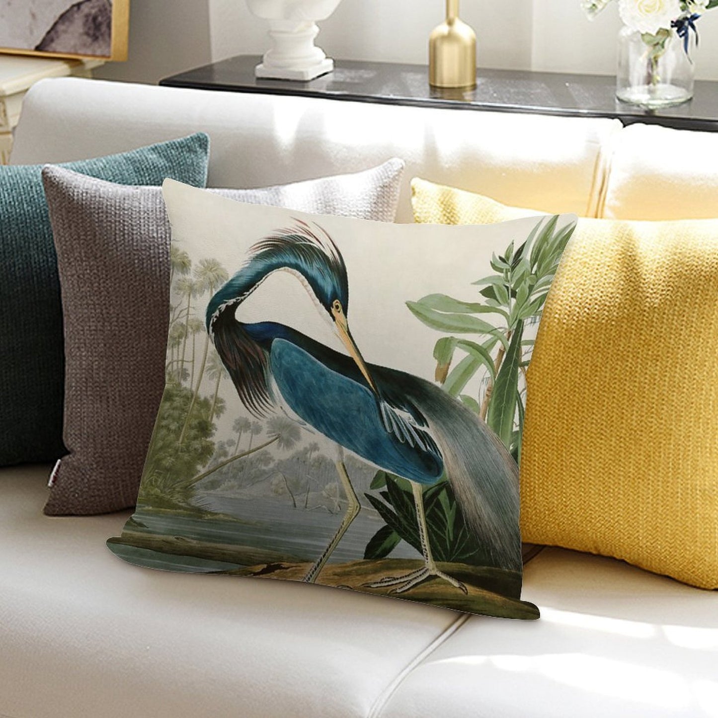 Louisiana Heron by John James Audubon Soft Short Plush Fabric Throw Pillow