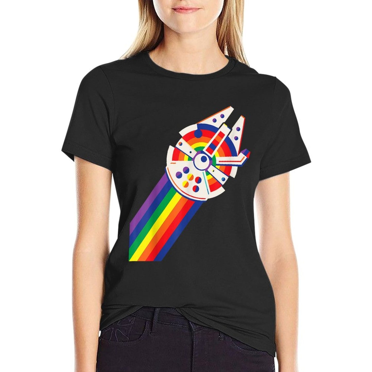 Star Wars Rainbow Millennium Falcon  Rolled Sleeves T-Shirt