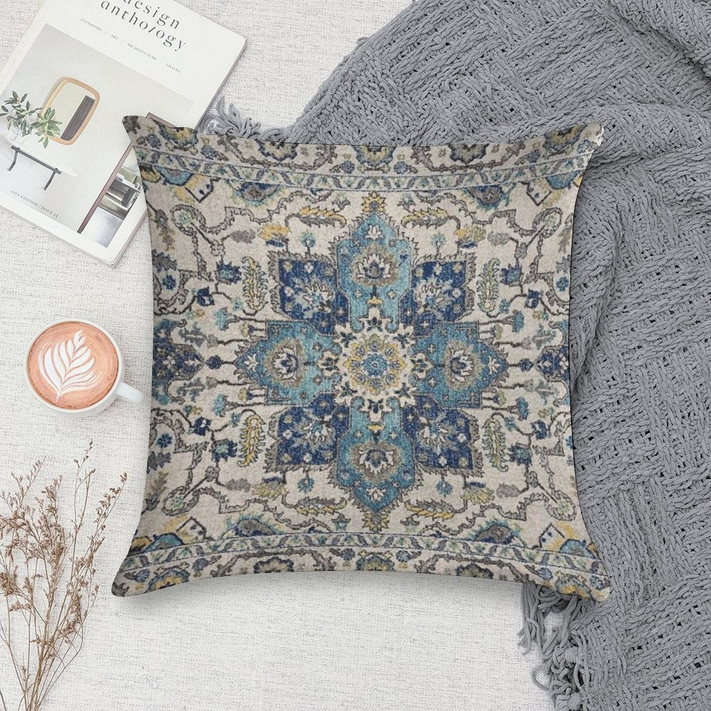 Persian Vintage Gray Blue Soft Shrink-Resistant Throw Pillow