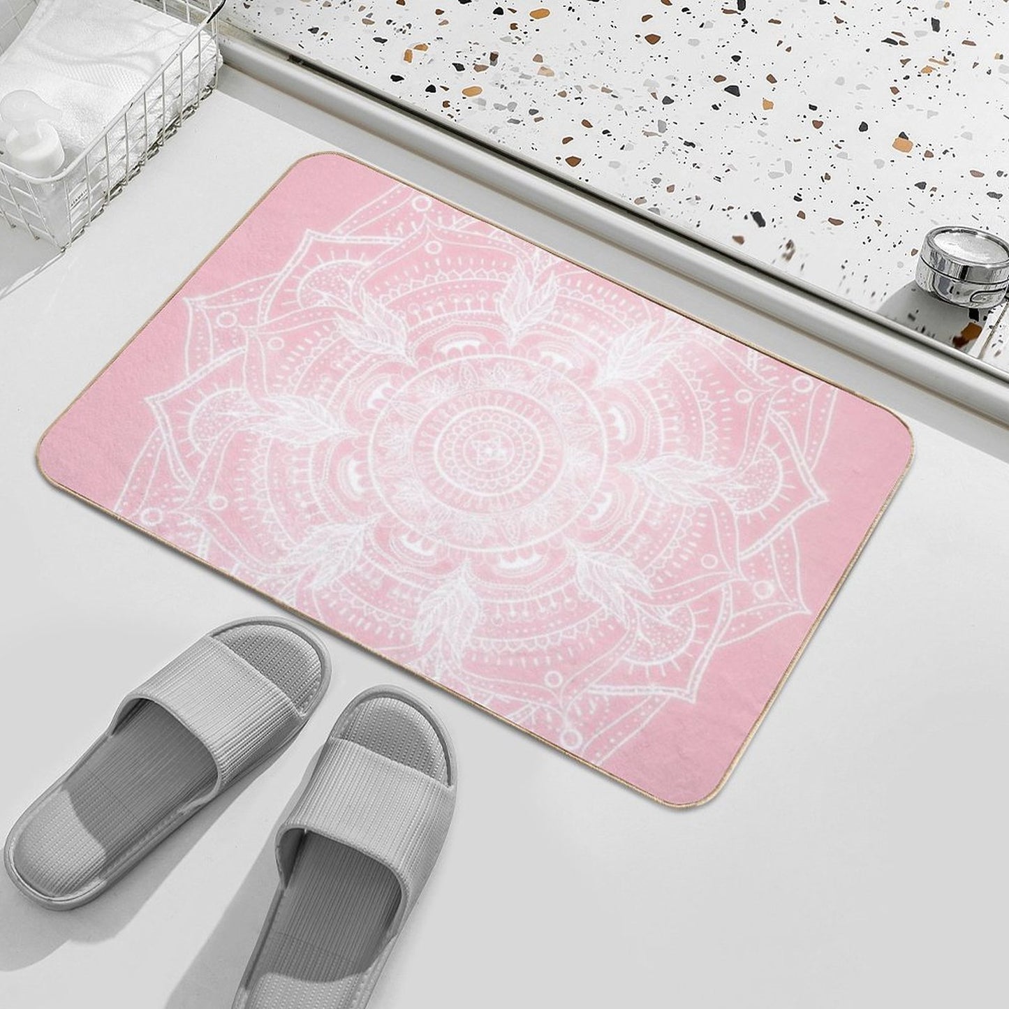 Elegant White Mandala Pink Nebula Design  Easy Maintenance Bath Mat