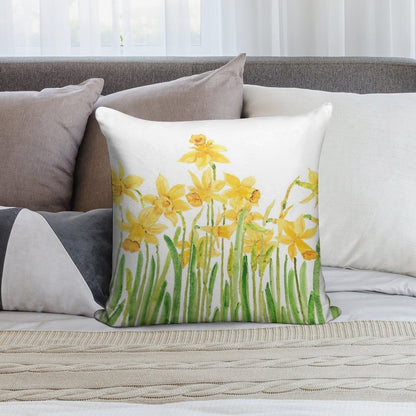 Hand Painted Yellow Daffodils Field Watercolor Soft Shrink-Resistant Throw Pillow