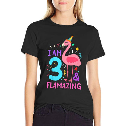 Kids 3rd Birthday Flamingo Three Years Old  Summer-ready Fabric T-Shirt