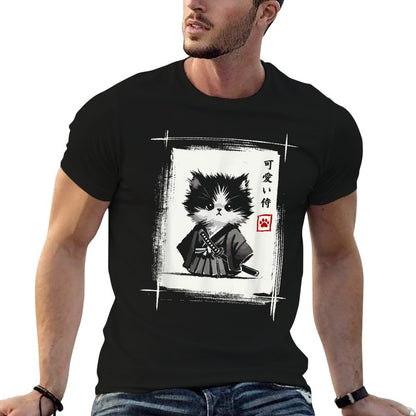 Samurai Cat Japanese Art Sumi-e Novelty Kawaii Funny Cat Relaxed-fit T-Shirt