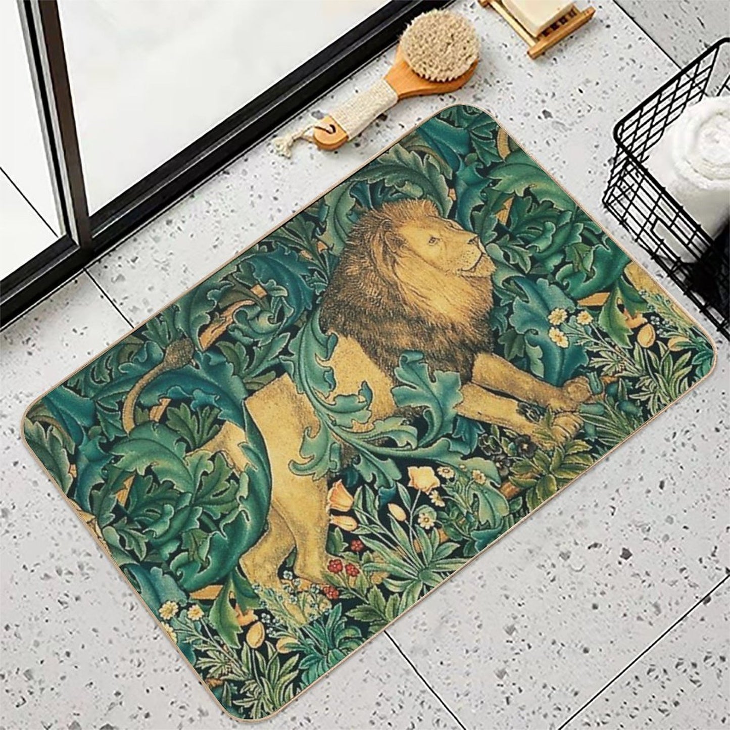 GREENERY ,FOREST ANIMALS, LION Antique Tapestry  Versatile Bath Mat
