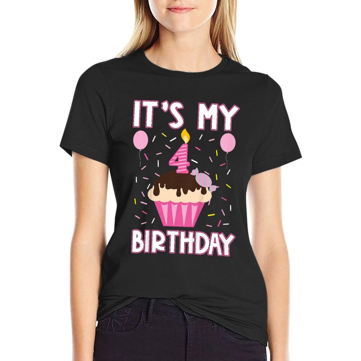 Kids Sweet Cupcake It's My 4th Fourth Birthday 4 Yr Old Girls  Trendy Pattern T-Shirt