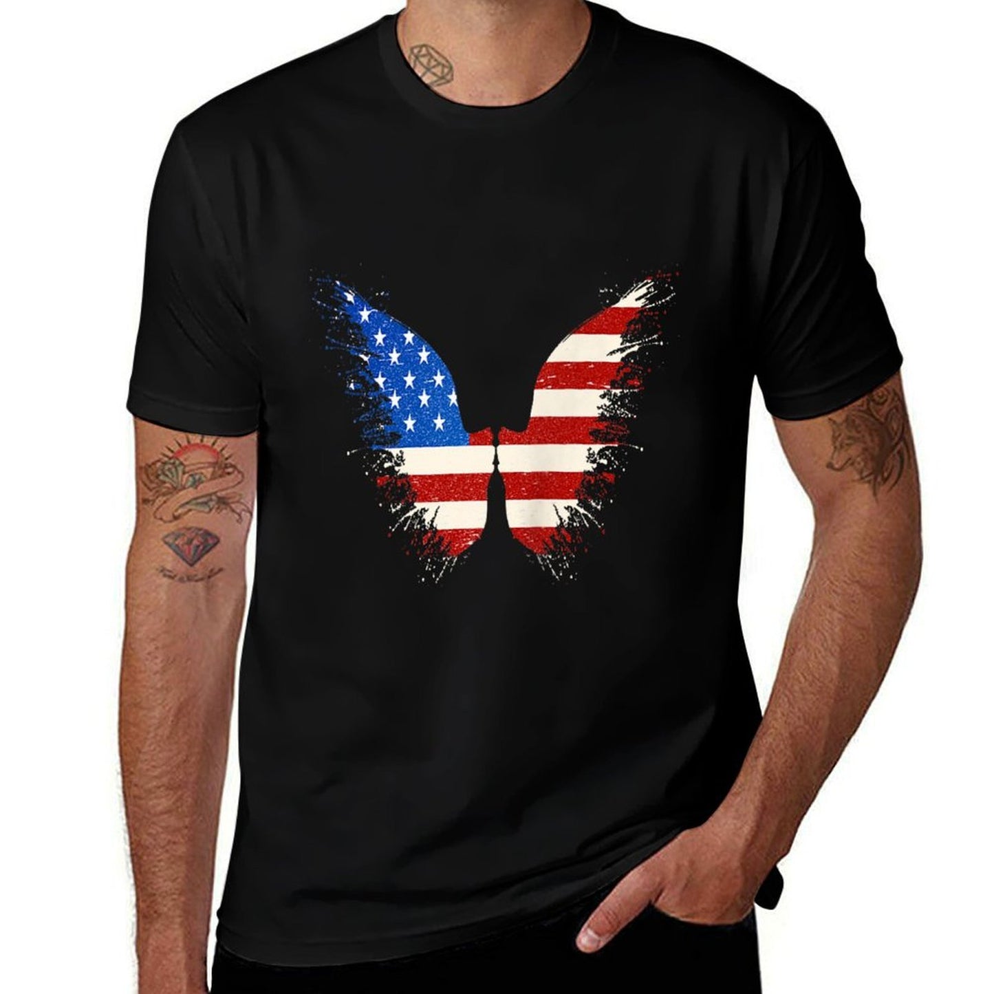 American Flag Angel Wings, 4th Of July on BACK  Lightweight T-Shirt
