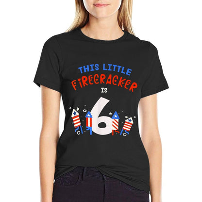 6th Birthday This Little FIRECRACKER Is 6 Fireworks July 4th  Polyester Blend T-Shirt