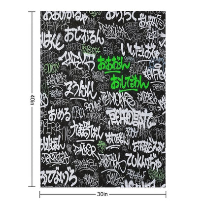 Japanese Graffiti Tags White & Lime Green on Black Sustainable Throw Blanket