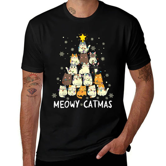 Meowy Catmas Cat Christmas Tree Xmas Girls Boys Funny Santa  Ribbed Collar T-Shirt