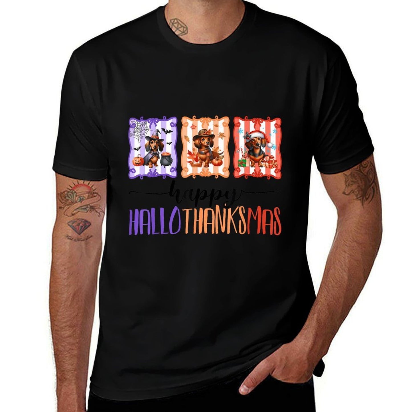 Happy Hallothanksmas Halloween Thanksgiving Dachshund Dogs  Rolled Sleeves T-Shirt