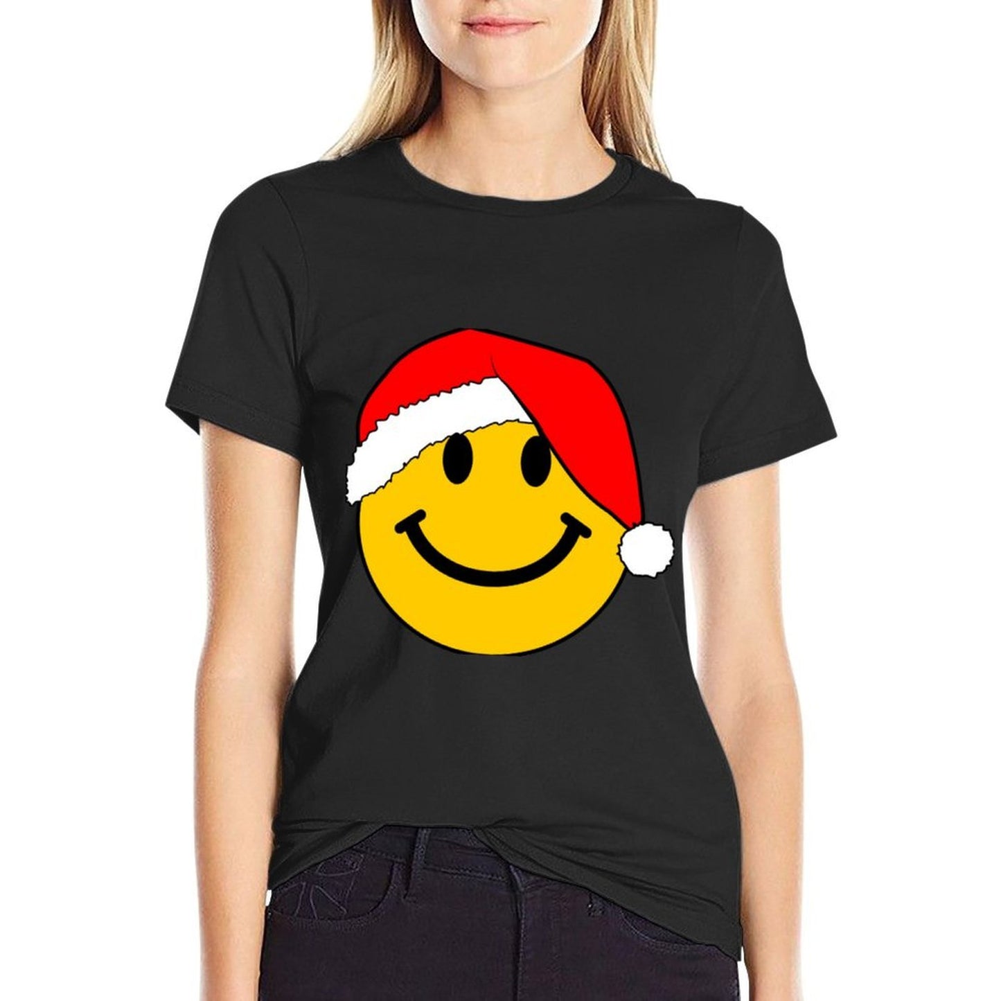 Happy Face with Christmas Santa Hat Long Sleeve Tshirt  High-quality Stitching T-Shirt