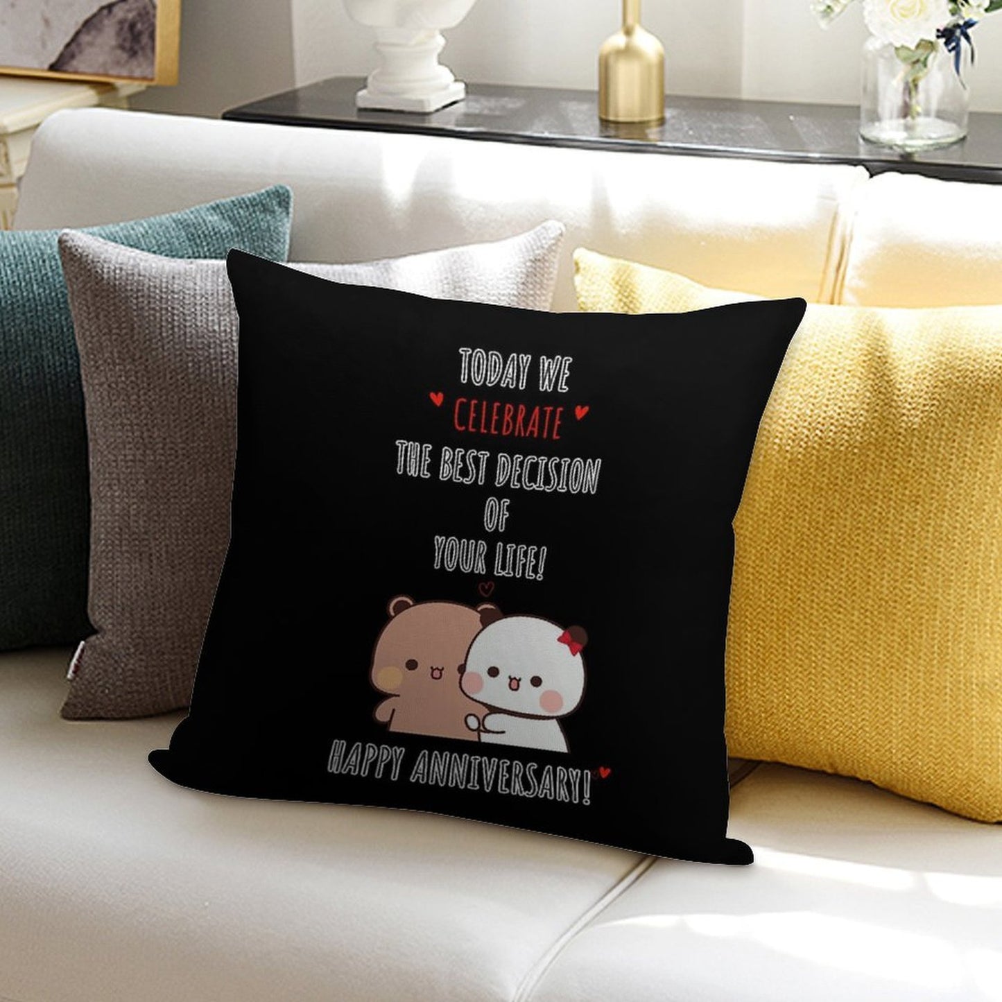 Happy Anniversary from DuDu Bear And BuBu Panda Soft Skin-Friendly Throw Pillow