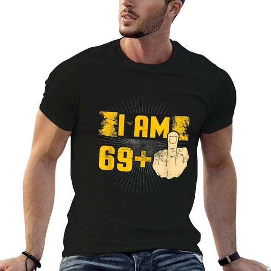 I Am 69 Plus One Middle Finger Funny 70th Birthday  Ribbed Collar T-Shirt