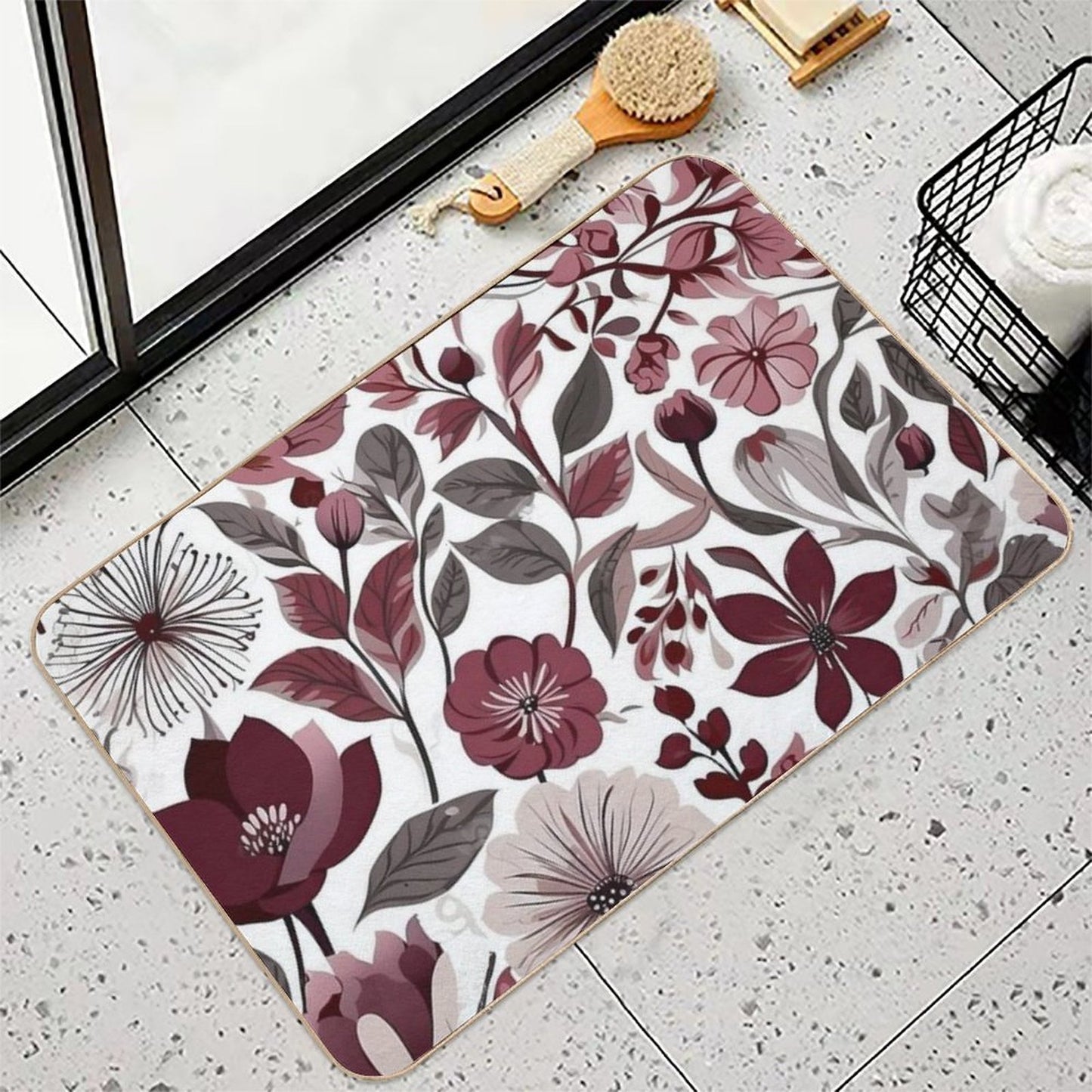 Deep Burgundy, Grey & White Scandi Floral Pattern  Repositionable Bath Mat