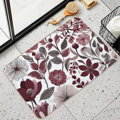 Deep Burgundy, Grey & White Scandi Floral Pattern  Repositionable Bath Mat