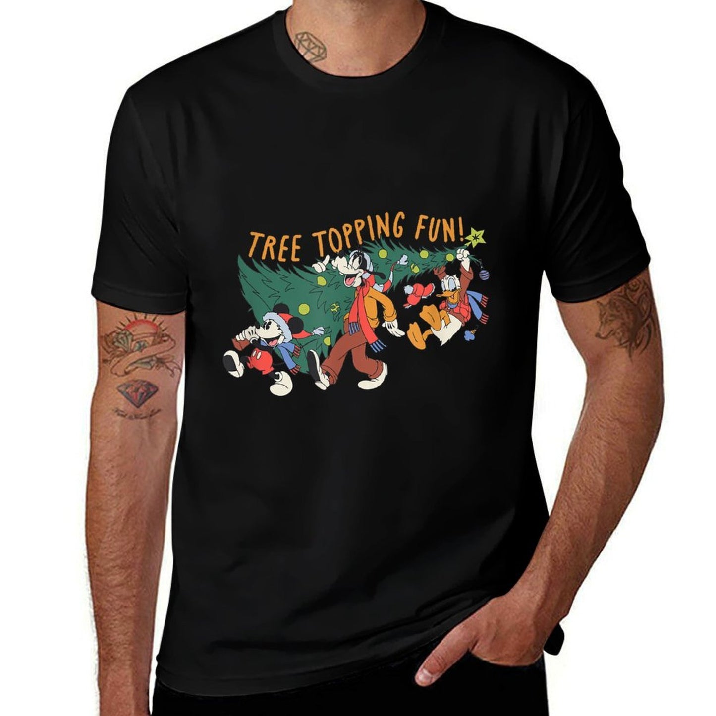 Amazon Essentials Mens Mickey Mouse Goofy And Donald Christmas Tree Topping Fun, Black Graphic Print, Small  Soft T-Shirt