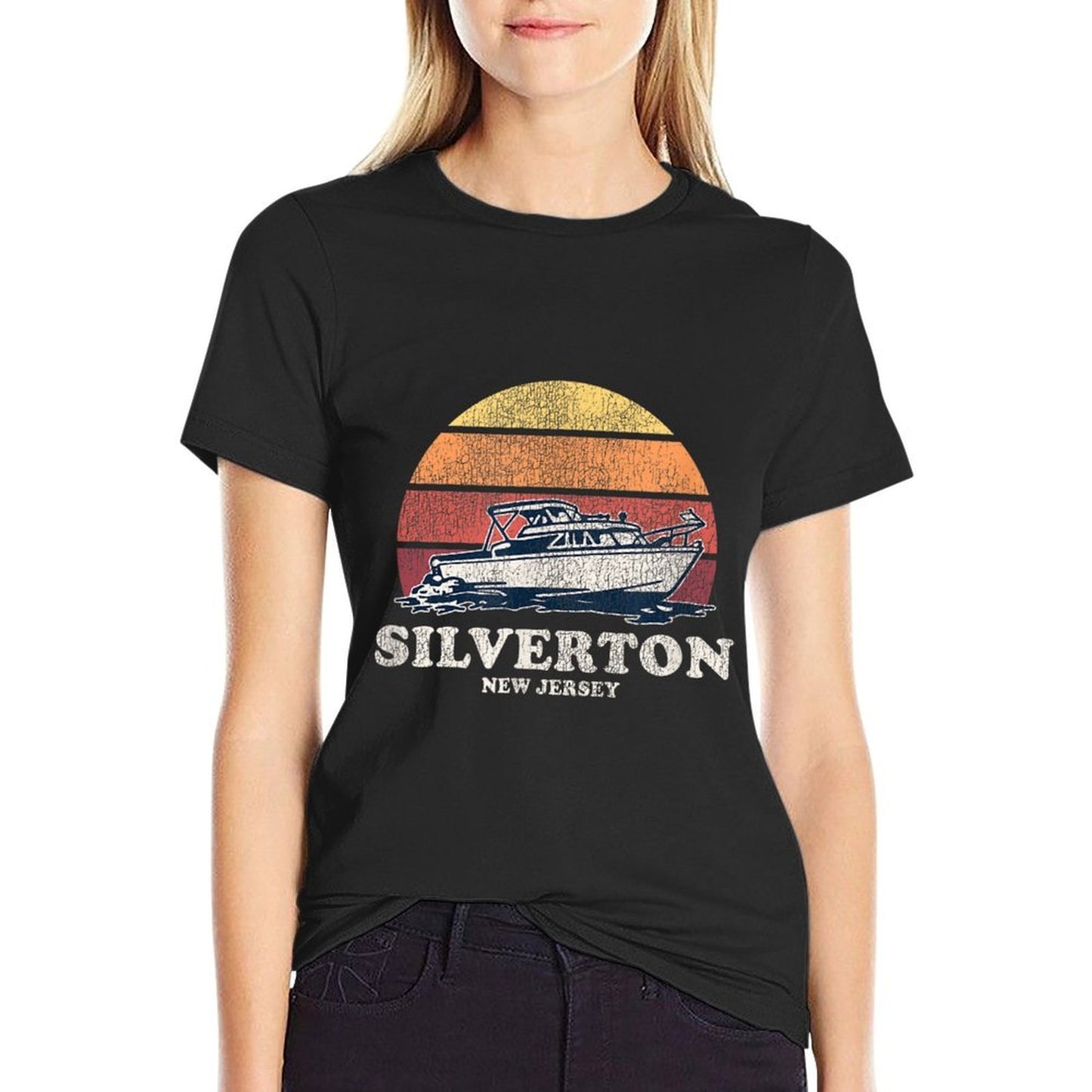 Silverton NJ Vintage Boating 70s Retro Boat Design  Moisture-wicking T-Shirt