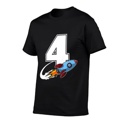 Kids Outer Space 4 Year Old 4th Birthday Four Rocket Ship Party  Rolled Sleeves T-Shirt