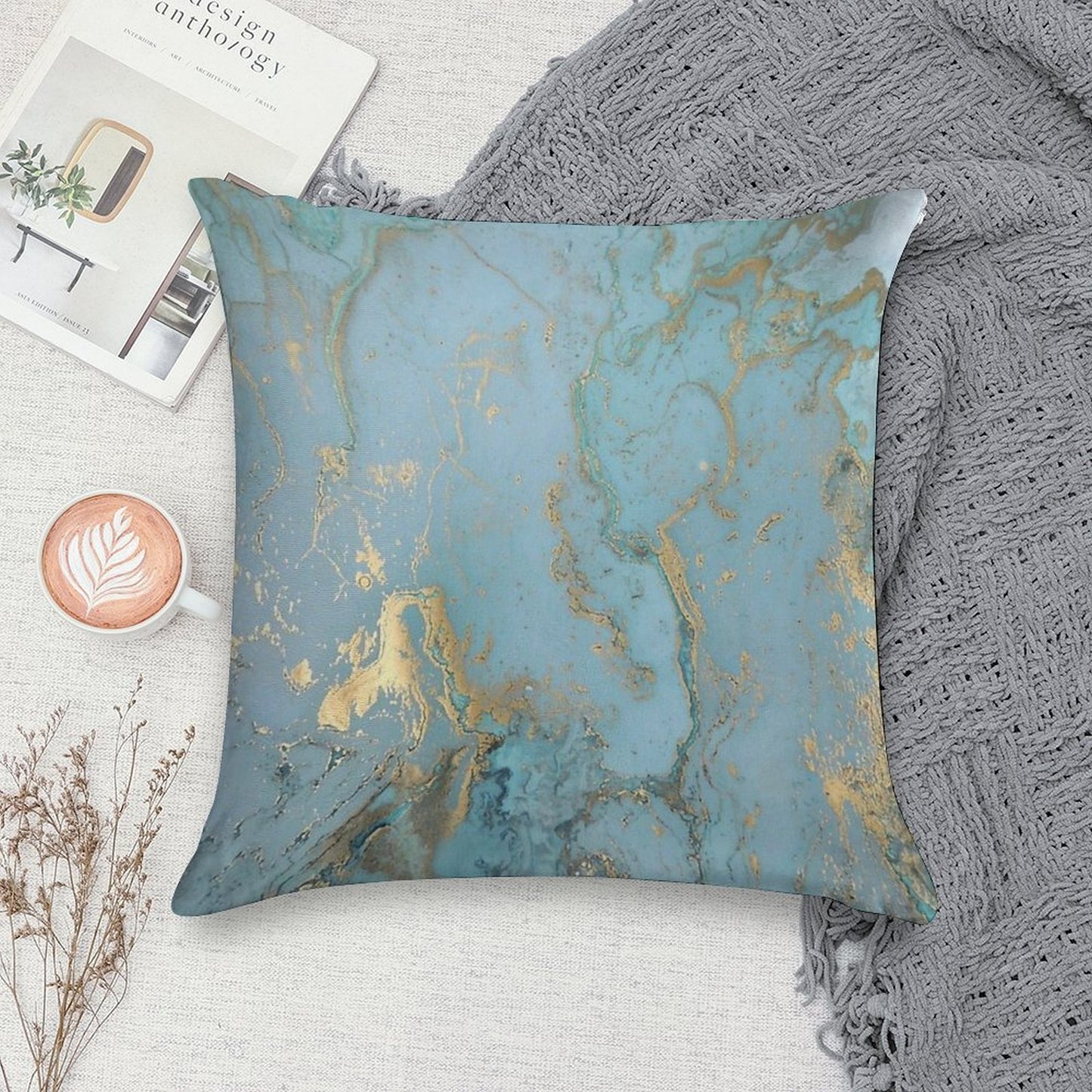 Marble Design - Gold Effect - Turquoise Blue, Teal Marbling Soft Ultra-Soft Texture Throw Pillow