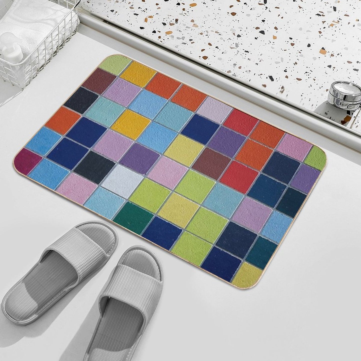 Colourful Tiles on Wall  Long-Lasting Bath Mat