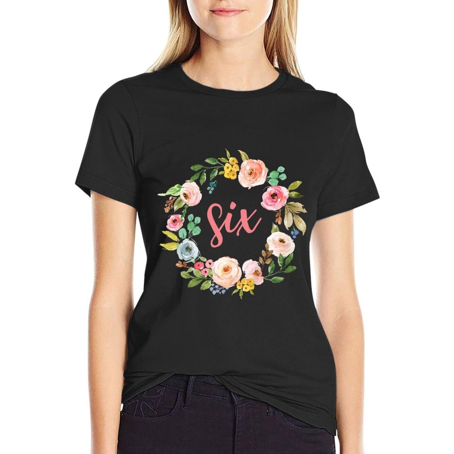 Kids Six Year Old Birthday Girl, Floral Birthday Outfit  Tagless Design T-Shirt