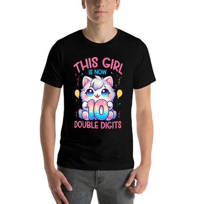 This Girl Is Now 10 Double Digits 10th Birthday Girls Cat  Durable T-Shirt