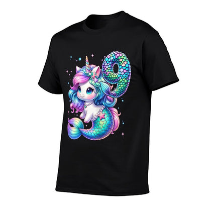 Unicorn Mermaid 9th Birthday 9 Year Old Party Girls Outfit  Summer-ready Fabric T-Shirt