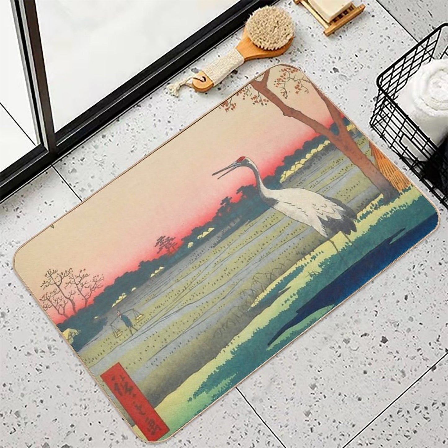 Red-crowned Crane Vintage Ukiyo-e Japanese Art  High-Traffic Bath Mat