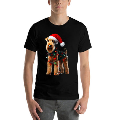Welsh Terrier Santa Hat Christmas Lights Dog Owner Mom Dad  Trendy Pattern T-Shirt