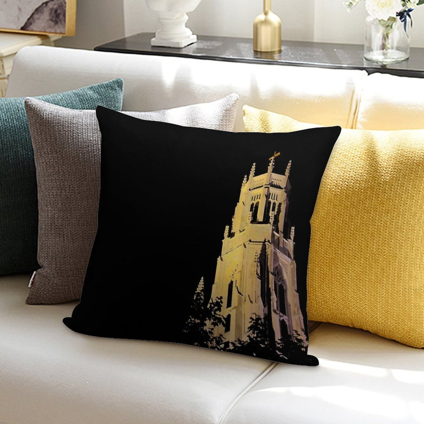 Night Time Glowing Church Soft Shrink-Resistant Throw Pillow