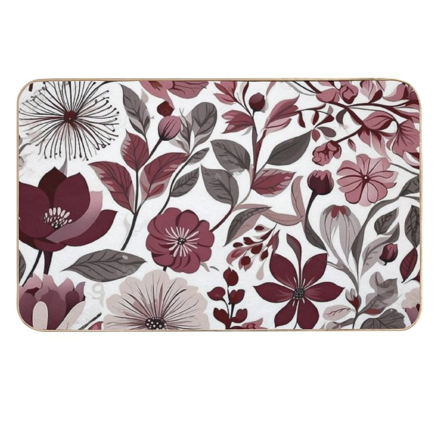 Deep Burgundy, Grey & White Scandi Floral Pattern  Repositionable Bath Mat