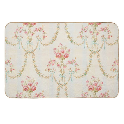 Rococo Vintage French Floral Wallpaper With Roses, Ribbons And Bows  Fade-Resistant Bath Mat