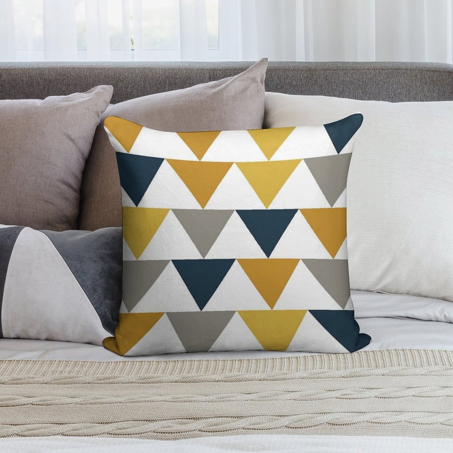 Arrows Light Mustard Yellow, Dark Mustard Yellow, Dark Blue, Grey, And White Geometric Pattern Soft Anti-Pilling Throw Pillow