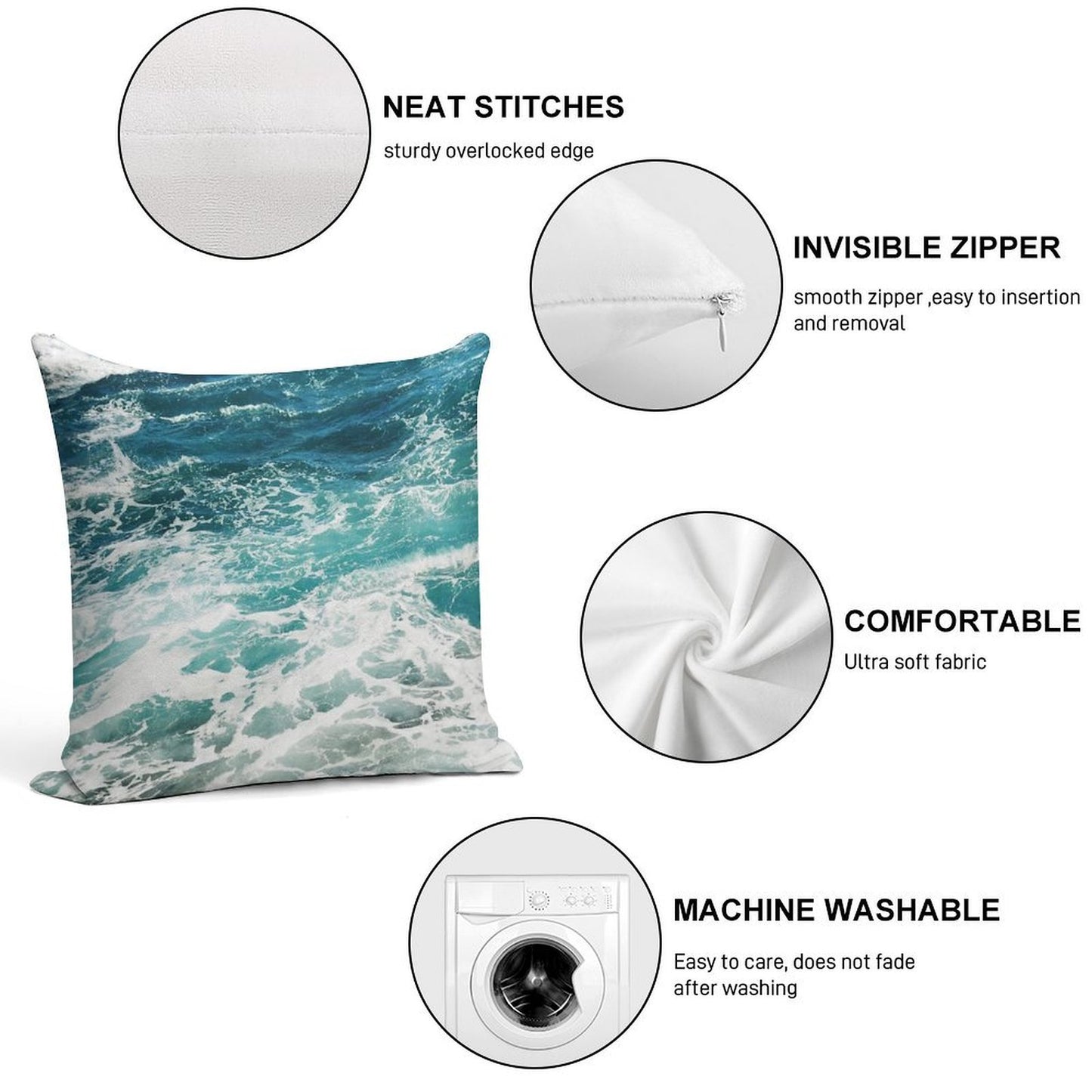 Blue Ocean Waves Soft Hidden Zipper Throw Pillow