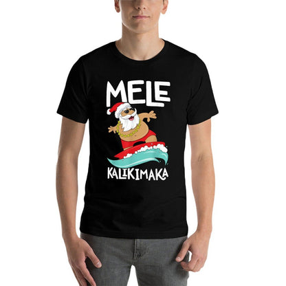 Mele Kalikimaka Hawaiian Christmas Hawaii Surfing Santa Black  High-quality Stitching T-Shirt
