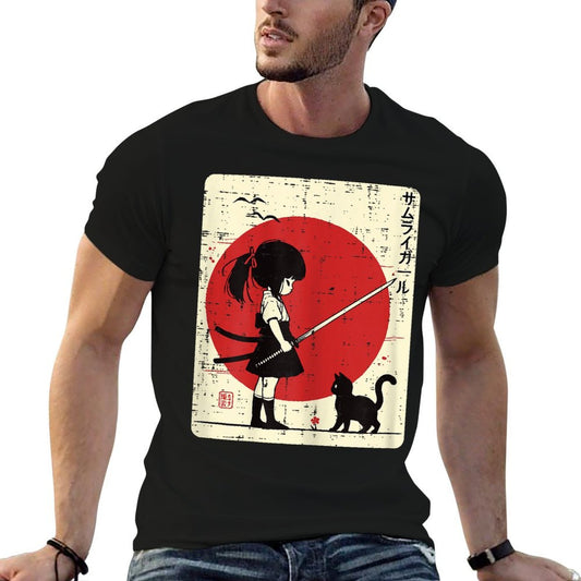 Japanese Samurai Girl Black Cat Kawaii Anime Girls Kid Women  Wrinkle-resistant T-Shirt