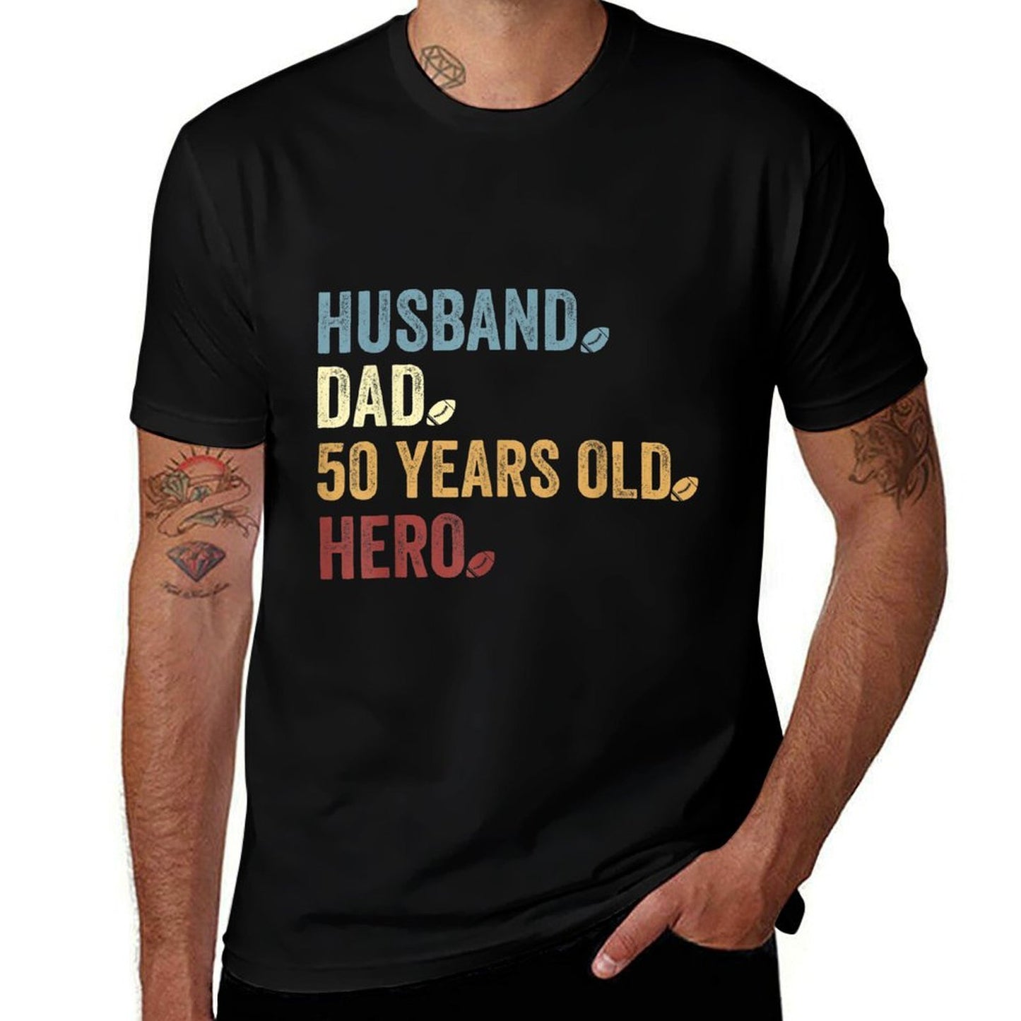 Husband Dad 50 Years Old Hero Football Father 50th Birthday  Cotton T-Shirt