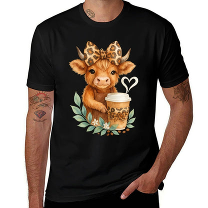 Cute Cow Holding Coffee Highland Cow with Leopard Bow  Classic T-Shirt