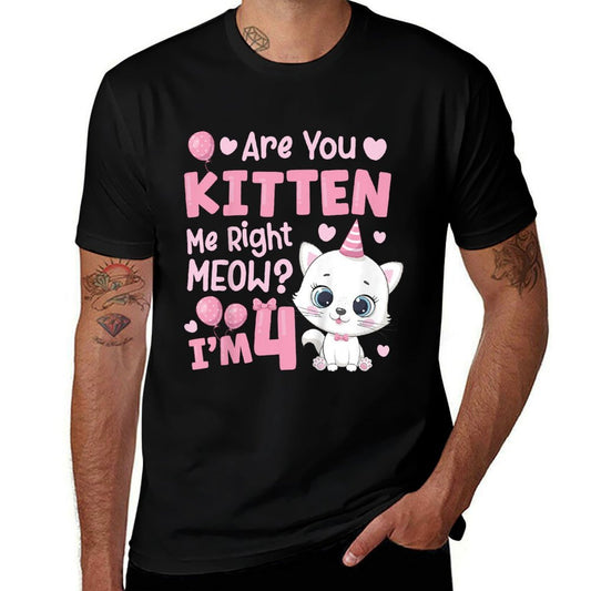 Kids 4th Cat Birthday Party Four Year Old Girl Kitty Birthday  Rolled Sleeves T-Shirt