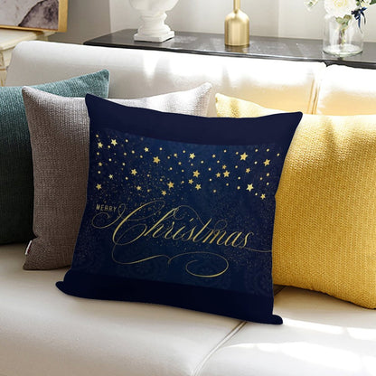Merry Christmas Navy Blue And Faux Gold Leaf with Stars Soft Reinforced Edging Throw Pillow